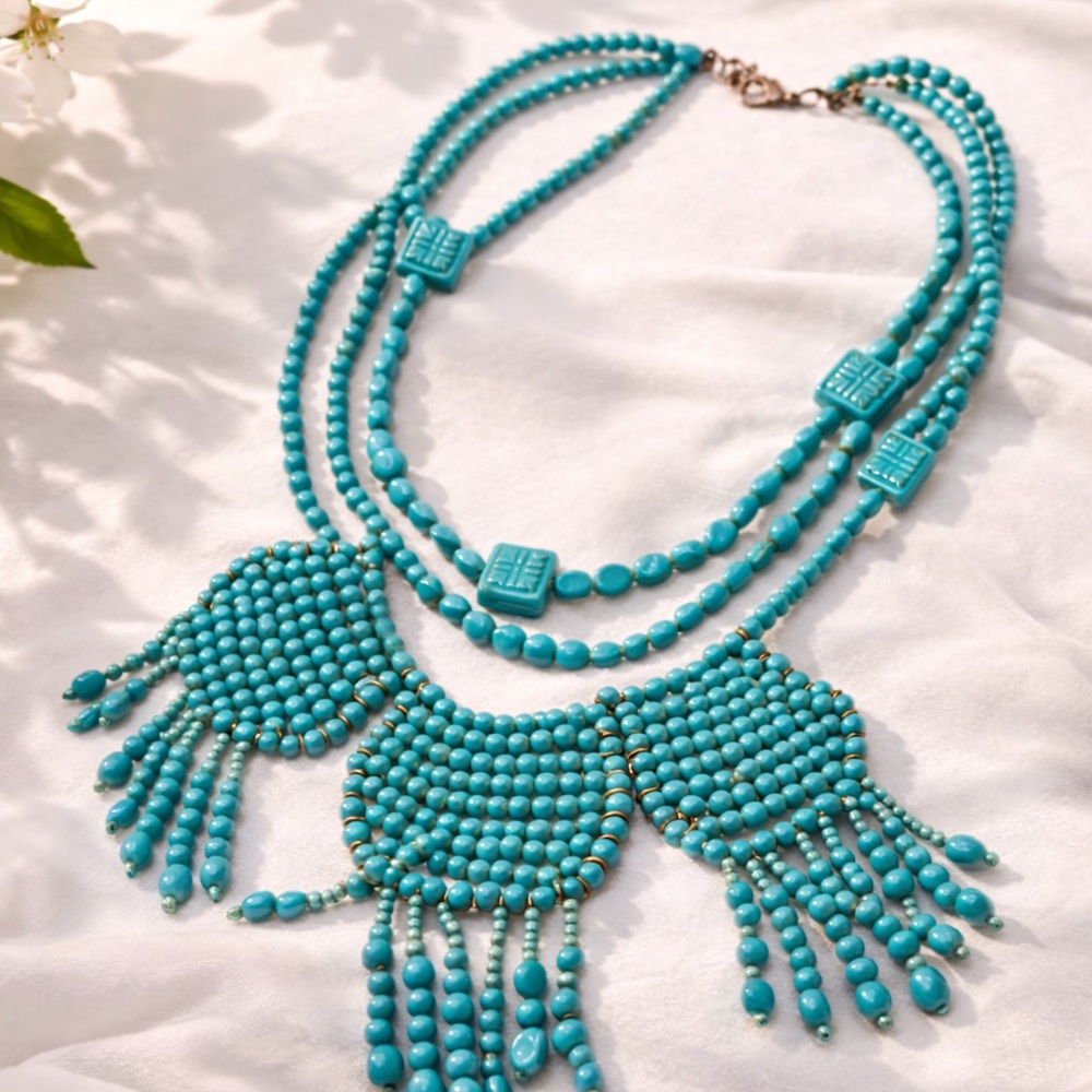 Turquoise Multi-Strand Beaded Fringe Necklace - Turquoise